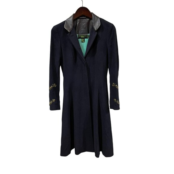 Shanghai Tang Womens Embellished Wool Coat with Leather Trim Black Size 4 - Picture 4 of 11